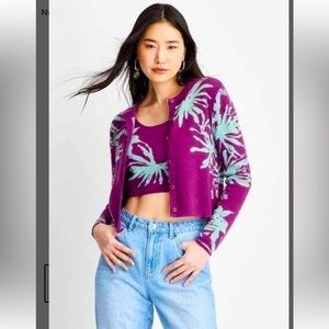 Future Collection Palm floral cardigan
purple- plum with bluish teal flowers NWT